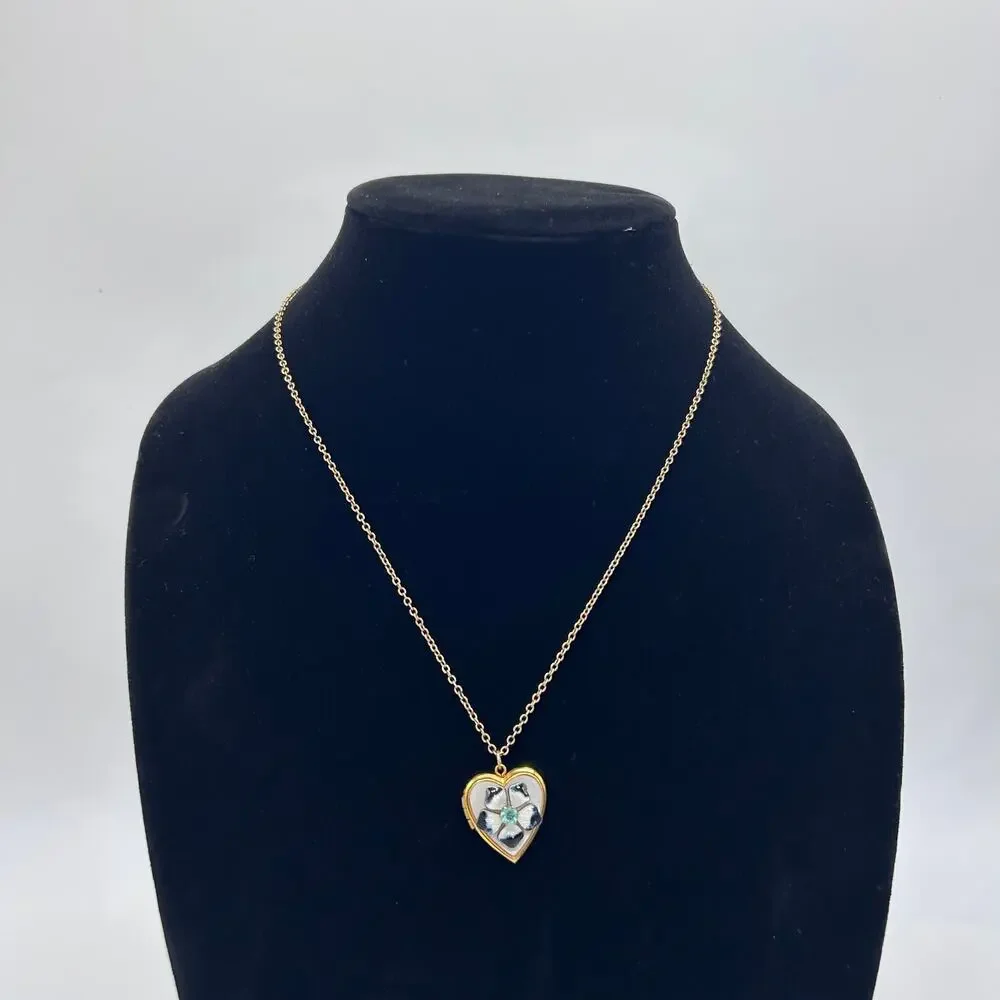 Vintage Locket Enamel Heart Rhinestone Flower Gold Tone Necklace Art Deco Floral